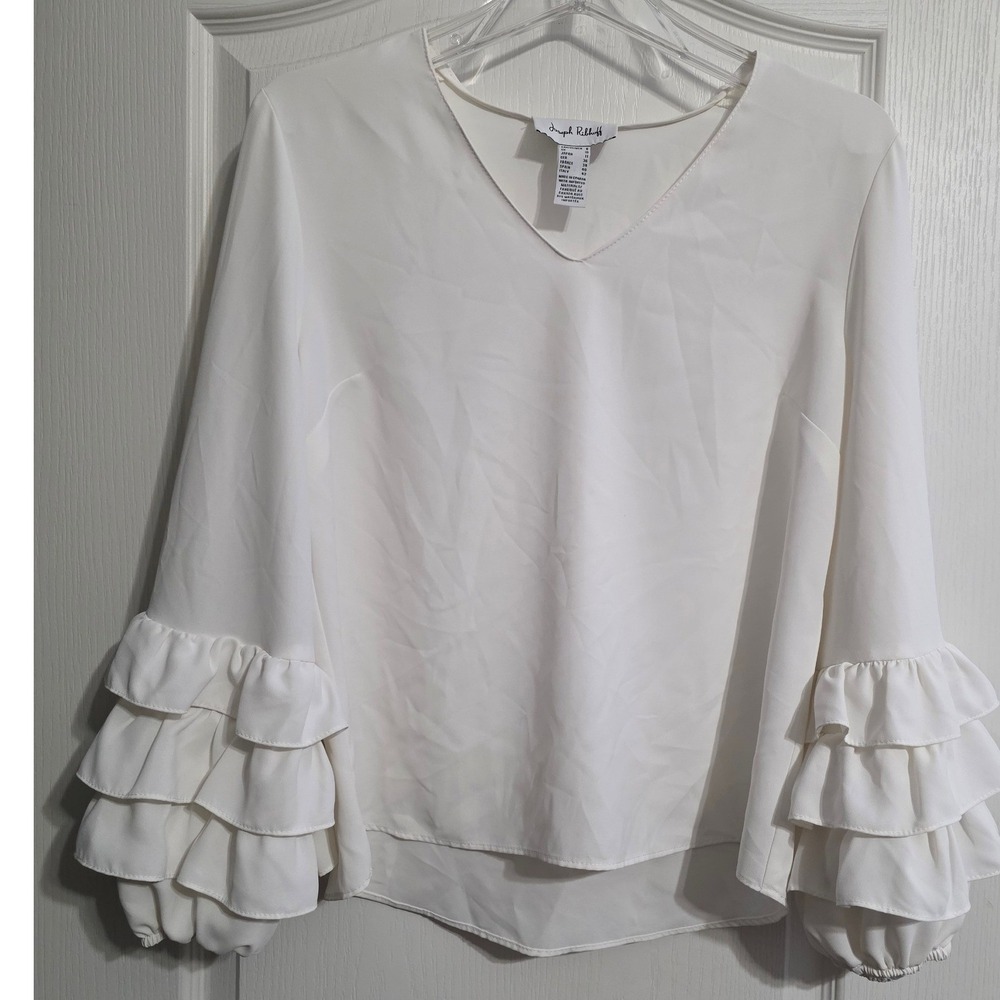 Beautiful Joseph Ribkoff Women White Blouse Sz 8 Ruffle Tiered Bell Sleeve Party